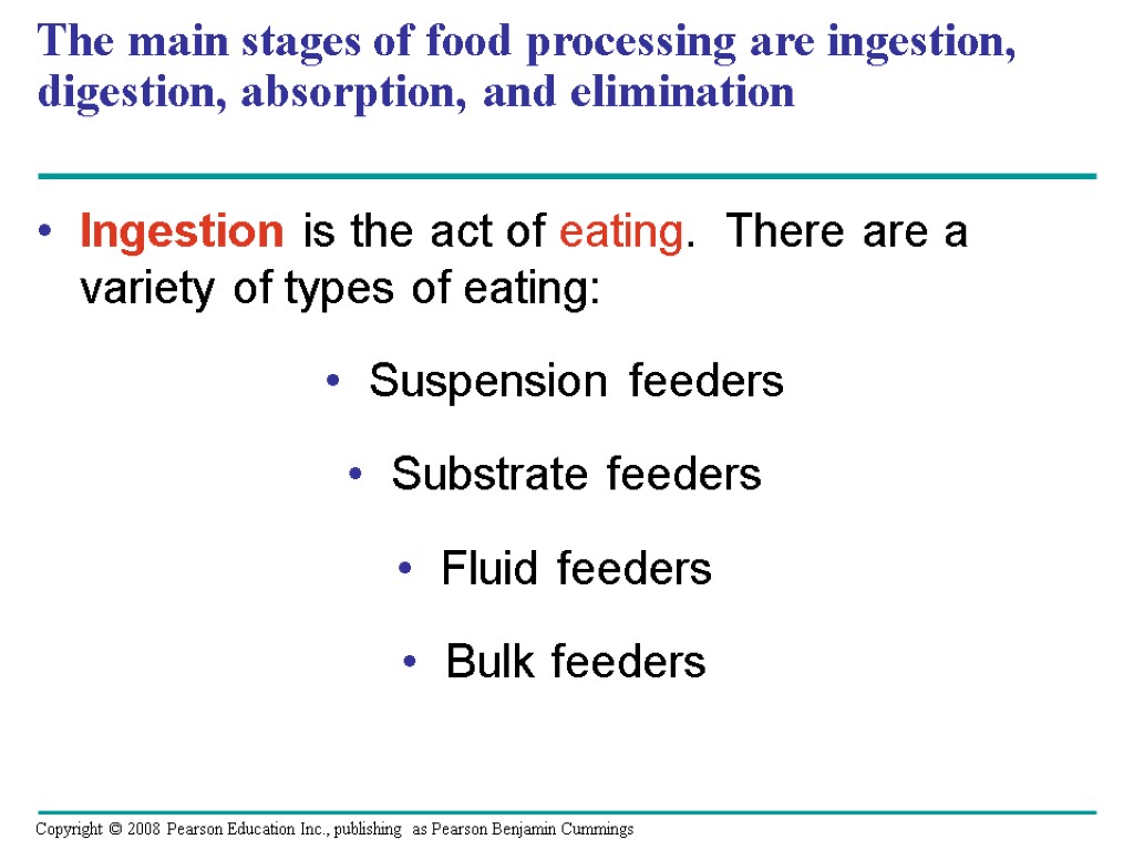 The main stages of food processing are ingestion, digestion, absorption, and elimination Ingestion is